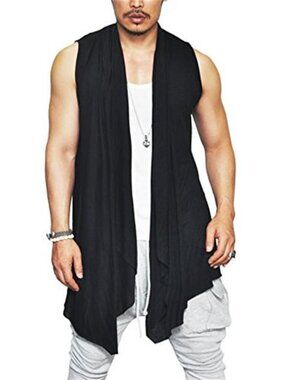 Mens Sleeveless Cardigan Ruffle Shawl Collar Open Front Vest Casual Fashion